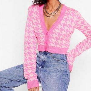 NastyGal Pink Houndstooth Cropped Cardigan